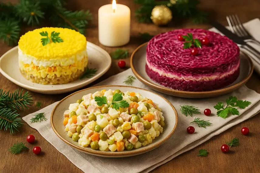 Тарелки с салатами Оливье, Мимоза и Селедка под шубой на праздничном столе